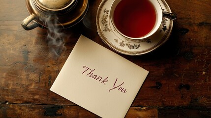 A cozy scene featuring a teapot, a steaming cup of tea, and a heartfelt "Thank You" note on a wooden table.