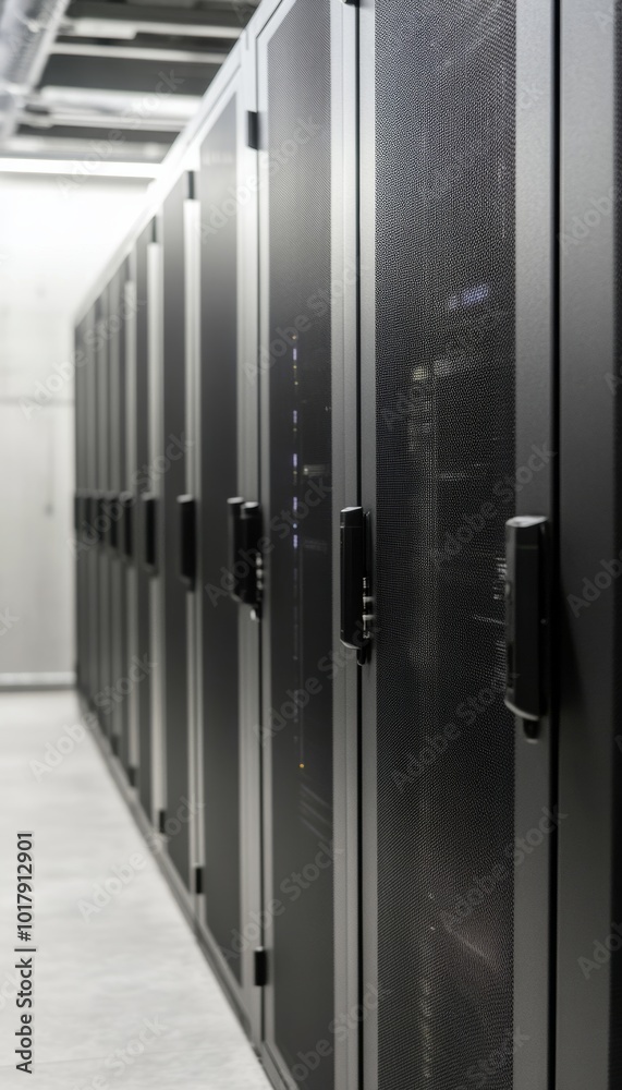 Poster modern data center with rows of server racks, cloud computing and information technology concept