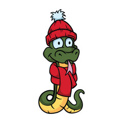 Bright vector illustration with a snake in a red winter hat and scarf. Symbol of the new year 2025. Chinese calendar. Image for sticker, postcard, congratulations