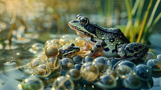 Animal life cycle, showing frog eggs in a pond ready to hatch