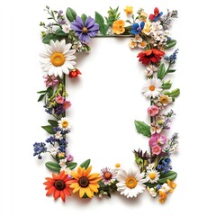 Fototapeta premium Floral frame with vibrant flowers, white background
