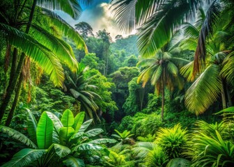 Fototapeta premium Lush Green Jungle Landscape with Tropical Plants and Trees in a Serene Natural Environment