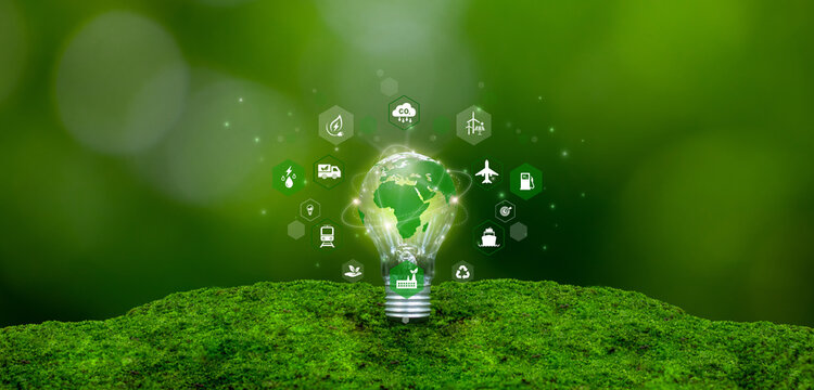 Green Logistic and Clean energy concept. The lightbulb is surrounded by icons for sustainability transportation, renewable energy and CO2 reduction. eco-friendly transport. supply chain. electric.