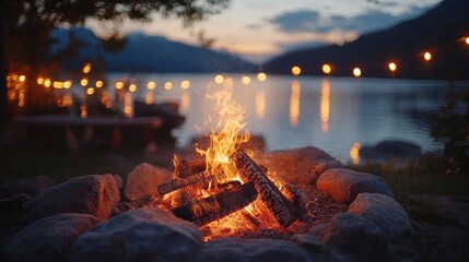 A crackling campfire burns brightly as the evening settles, casting a warm glow against a tranquil lake backdrop, with distant glowing lights reflecting off the water.