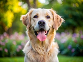 Satisfied joyful happy dog sitting with open mouth