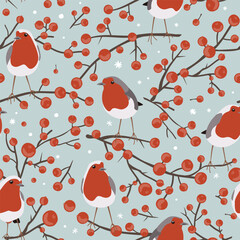 Robin birds and red berries branches, seamless Christmas pattern, winter vector illustration, print on blue background.