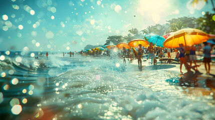Vibrant Summer Beach Scene: Sun, Sand, Sea, and Leisure Activities Under Colorful Umbrellas