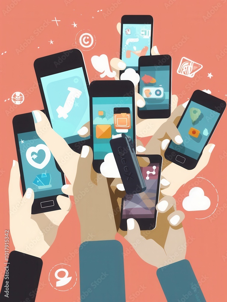 Poster multiple hands hold smartphones showcasing popular social media applications in an engaging digital 