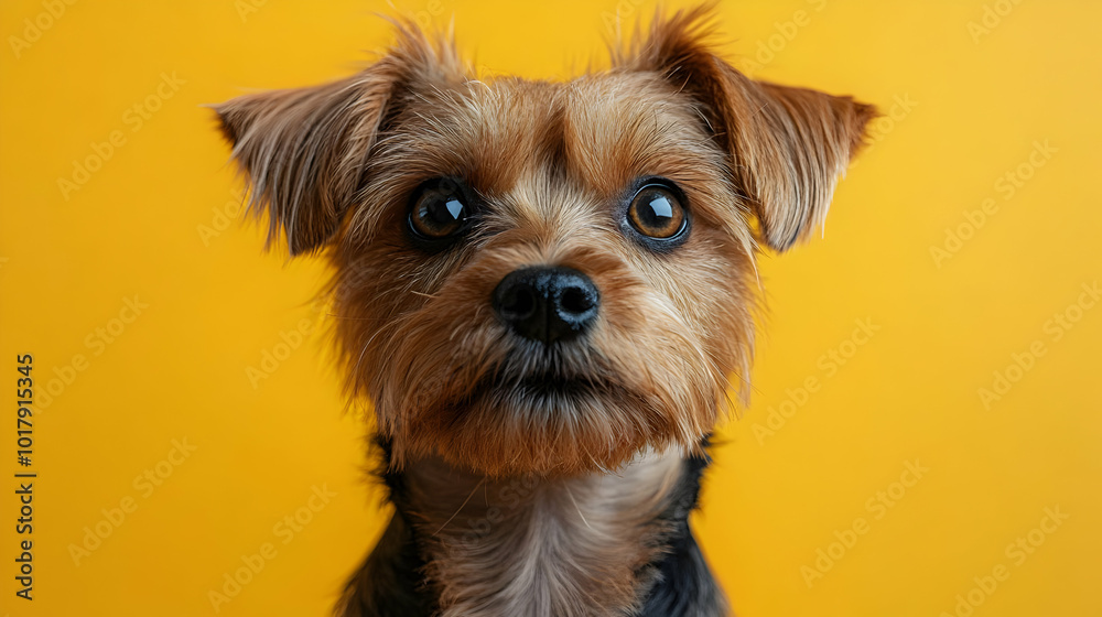 Sticker A close-up of a dog against a bright yellow background.