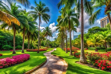 Obraz premium Lush Green Park in Miami Featuring Vibrant Flora and Scenic Pathways for Relaxation and Recreation