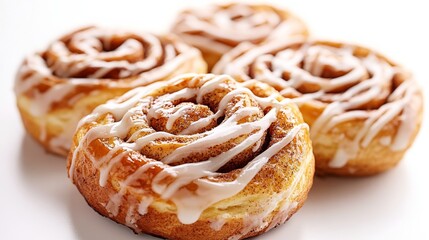 Fototapeta premium Four freshly baked cinnamon rolls generously drizzled with sweet icing, capturing the essence of comfort and indulgence in this delectable dessert picture.
