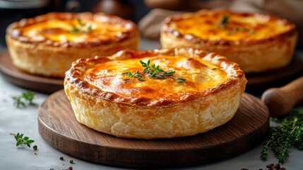 A close-up shot of golden, flaky crusted savory pies, beautifully garnished with fresh thyme and perfectly baked, showcasing culinary mastery in presentation and taste.