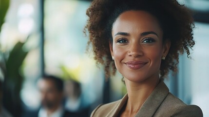 Obraz premium Smiling Woman in Professional Setting with Natural Light
