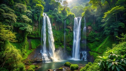 A spectacular double waterfall flowing through a jungle forest at a tilted angle.