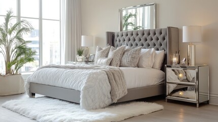 A refined Hollywood Glam bedroom with mirrored bedside tables