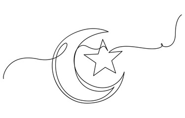 Continuous one line drawing of moon icon. Crescent moon for Ramadan isolated on white background outline vector art illustration
