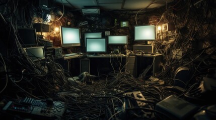 A cluttered mass of tangled cables surrounds various computer monitors, creating a chaotic but intriguing tech environment.
