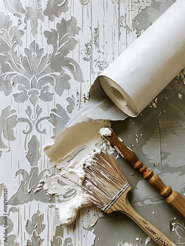 Poster a brush and adhesive rest on a partially applied wallpaper roll, showcasing a decorative pattern aga