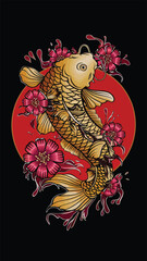 Elegant Gold Koi Fish with Floral and Water Elements in Japanese Tattoo Style