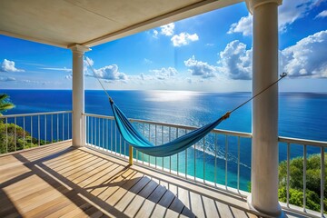 Fototapeta premium A stunning blue balcony overlooking the ocean with a cozy hammock swinging in the gentle breeze