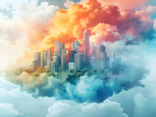 Fototapeta premium Fluffy cumulus clouds drift across a vibrant blue sky above a bustling cityscape