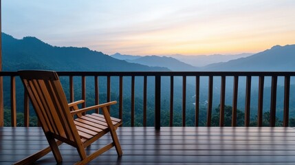 A Wooden Chair on a Balcony Overlooking a Breathtaking Mountain View at Sunset