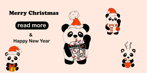Obraz premium Web page design template. Panda with decoration christmas. Vector illustration for poster, banner, website development.