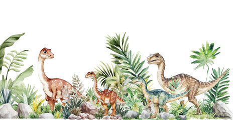 Watercolor dinosaur set Green leaves on a white background
