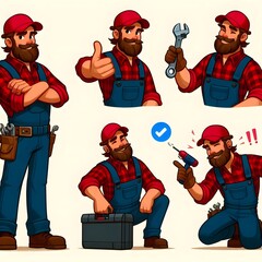 A cartoon-style mechanic with a thick beard, wearing a red plaid shirt, blue overalls, and a red cap. Show him in various poses: 1) standing with arms crossed and holding a wrench, 2) bending over to 