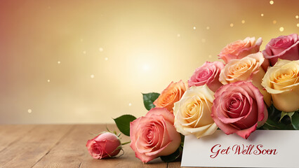 Get well soon card with a heartwarming bouquet of colorful rose, expressing wish for a speedy recovery.
