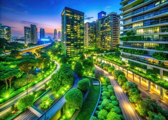 Lush Green Urban Landscape with Sustainable Architecture and Eco-Friendly Transportation Options