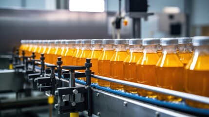 A modern production line features precise bottling and packaging of beverages, highlighting efficiency in an industrial setting.