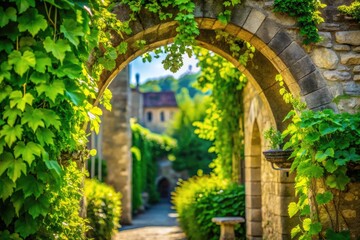 Fototapeta premium Lush Green Vines Embracing Historic Stone Archway in a Serene Outdoor Setting