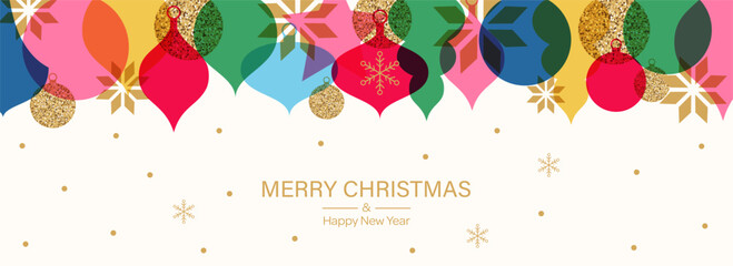 19Merry Christmas background with vintage and gold decorations, snowflakes in simple flat design. Trendy minimalist geometric design. Vector illustration.