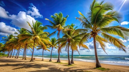 Fototapeta premium Lush Palm Trees Swaying in the Breeze at a Scenic Windy Beach Under a Clear Blue Sky