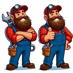A cartoon mechanic with a thick beard, wearing a red plaid shirt, blue overalls, and a red cap, giving a thumbs-up with a big smile.