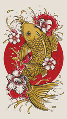 Elegant Gold Koi Fish with Floral and Water Elements in Japanese Tattoo Style