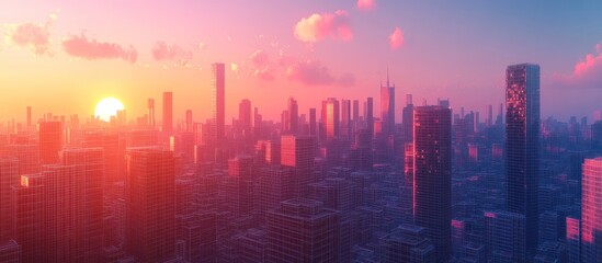 Fototapeta premium Sunset over a cityscape with skyscrapers and a colorful sky.