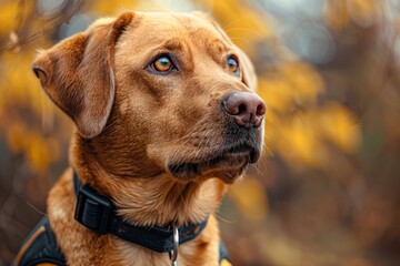 Beautiful golden retriever in the autumn forest