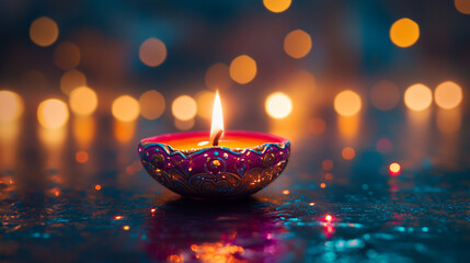 Diwali Diya Candle with Bokeh Lights
