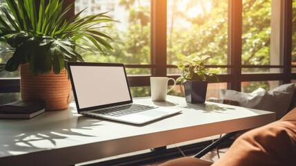 Fototapeta premium A serene home office glows in soft, warm sunlight, featuring a laptop and lush plants, blending productivity with tranquility and natural beauty.