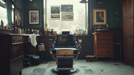 A classic barber's chair in a retro barbershop, with old-fashioned razors and combs