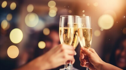 Elegant glasses clink together in a soft golden light, epitomizing a scene of celebration and refined style.