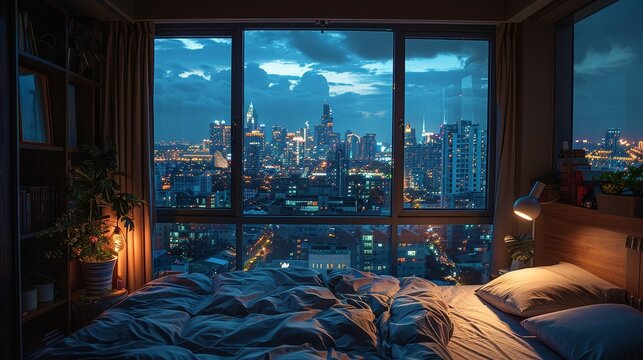 Realistic View from a Penthouse Bedroom Window Overlooking a City Skyline at Night. Captures the Quiet Ambiance of Urban Nightlife with a Dark, Serene Atmosphere.
