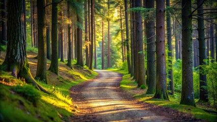 Naklejka premium A winding forest path disappearing into the trees with bokeh effect from a low angle