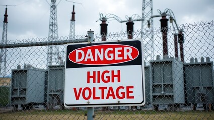 Obraz premium Danger High Voltage sign on fence with blurred transformers and power lines in background