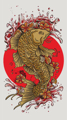 Elegant Gold Koi Fish with Floral and Water Elements in Japanese Tattoo Style