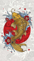 Elegant Gold Koi Fish with Floral and Water Elements in Japanese Tattoo Style