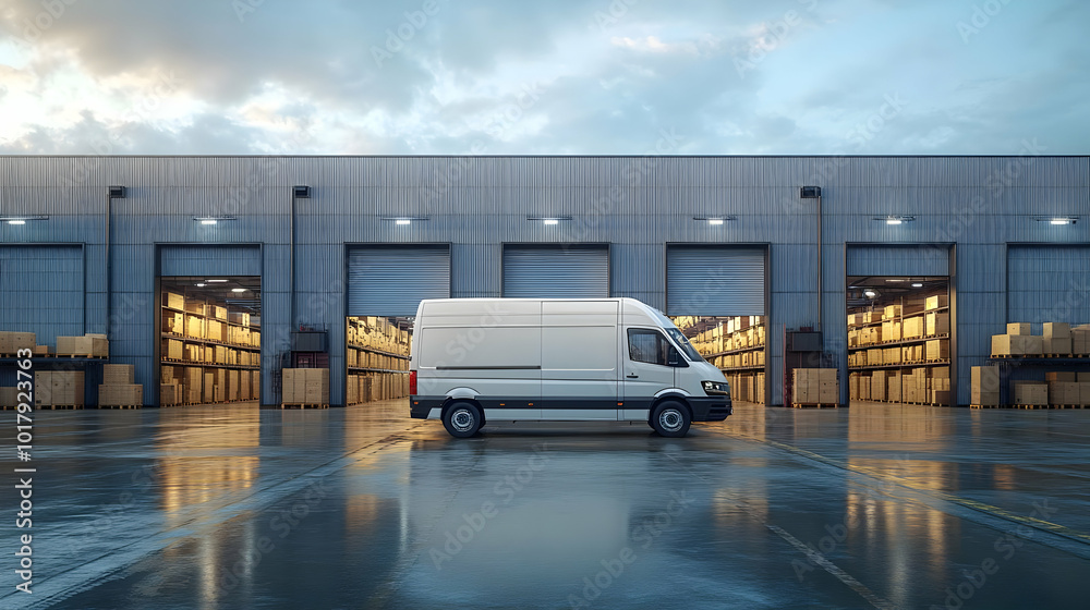 Wall mural A delivery van parked outside a large warehouse at dusk.