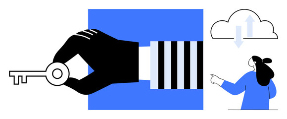 Hand holding a key against a blue square, person pointing at a cloud with two arrows. Ideal for technology, security, access control, cloud computing, and business concepts. Simple graphic style